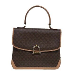 CELINE Macadam Canvas Hand Bag PVC Leather Brown Gold Auth